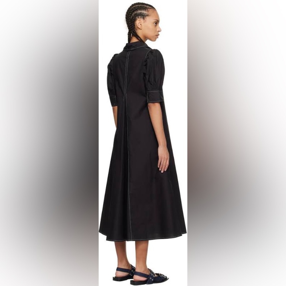 Ganni Black A-Line Midi Dress with Puff Sleeves - Picture 3 of 3